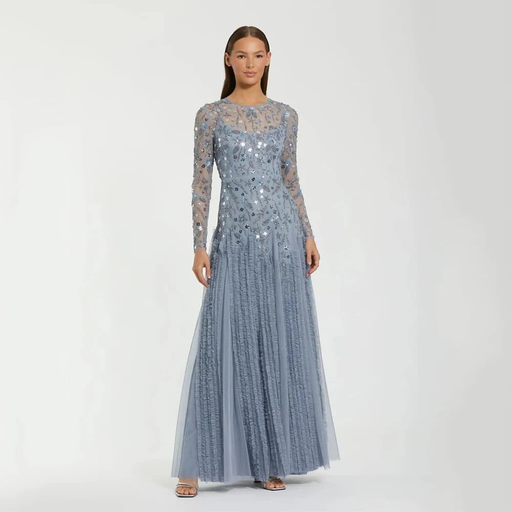 Customized Gray Tulle High Quality Evening Dress Scoop for Floor-Length with Beads A-line for Formal Evening Vestidos De Fiesta