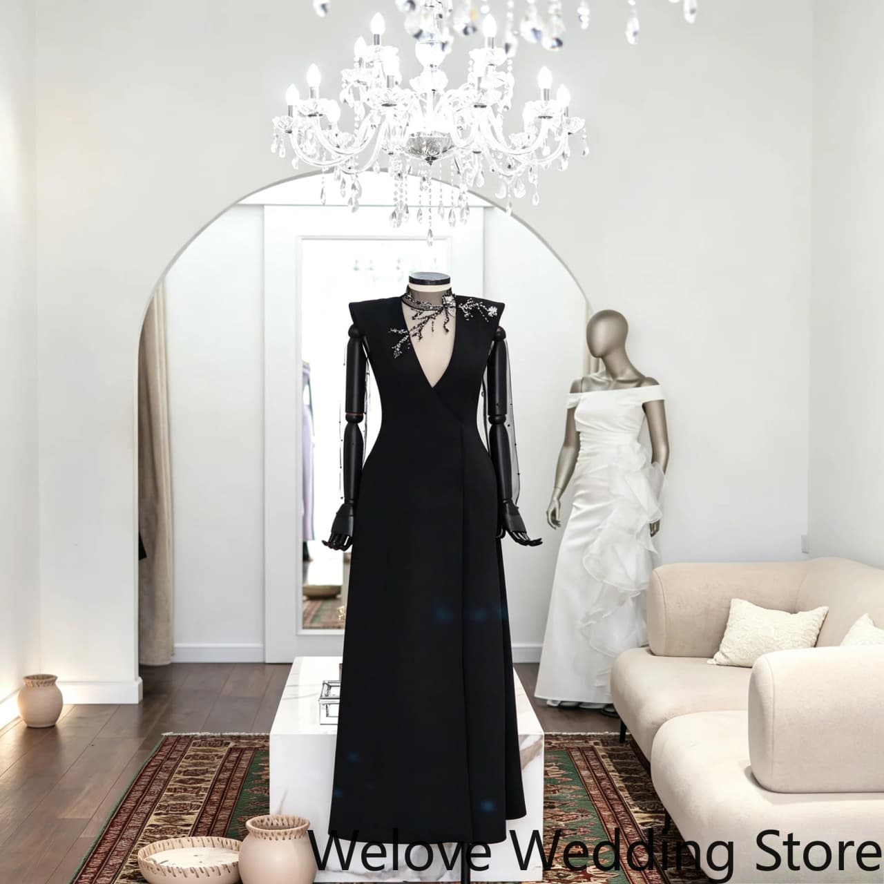 Black Formal Evening Dress with Sharp Power Shoulder Design, Deep V‑Neck, Sheer Long Sleeves with Crystal Beaded Details