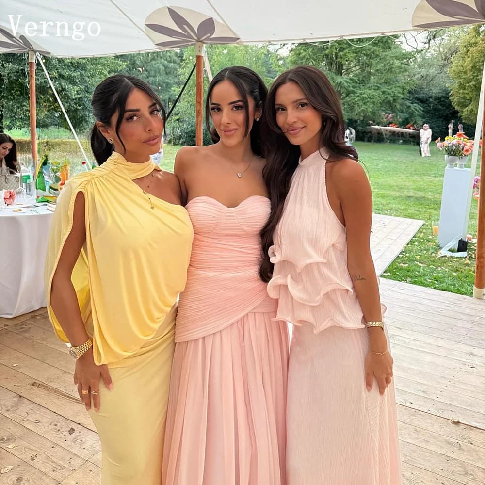 Verngo Pink Chiffon Evening Dress Strapless Pleated Maxi Formal Occasion Dresses Hand-made Elegant Arabia Prom Gowns Customized