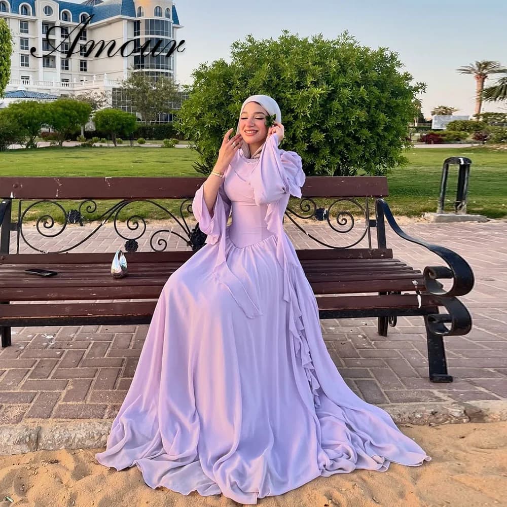 Amour Customized Purple A-line Muslim Evening Dresses Long Sleeves with Hijab Pleated Floor-length Elegant Party Gowns 2026