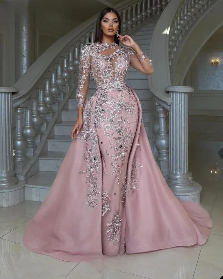 Pink Evening Dresses Mermaid Long Sleeves Appliques Middle East Saudi Arabia Dubai Robe De Soiree Prom Gown Customized