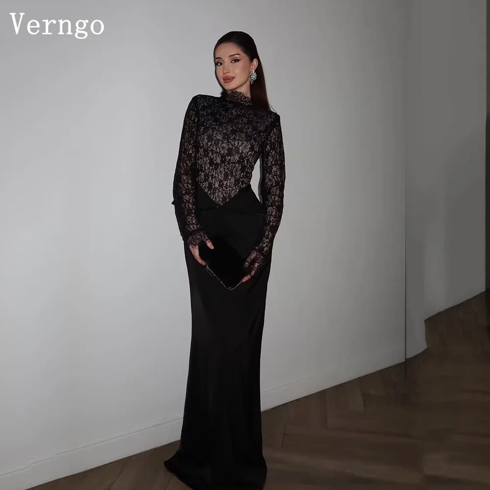 Verngo Black Lace Formal Occasion Dress Halter Mermaid Maxi Prom Party Gowns Elegant Full Sleeves Evening Dress Customized