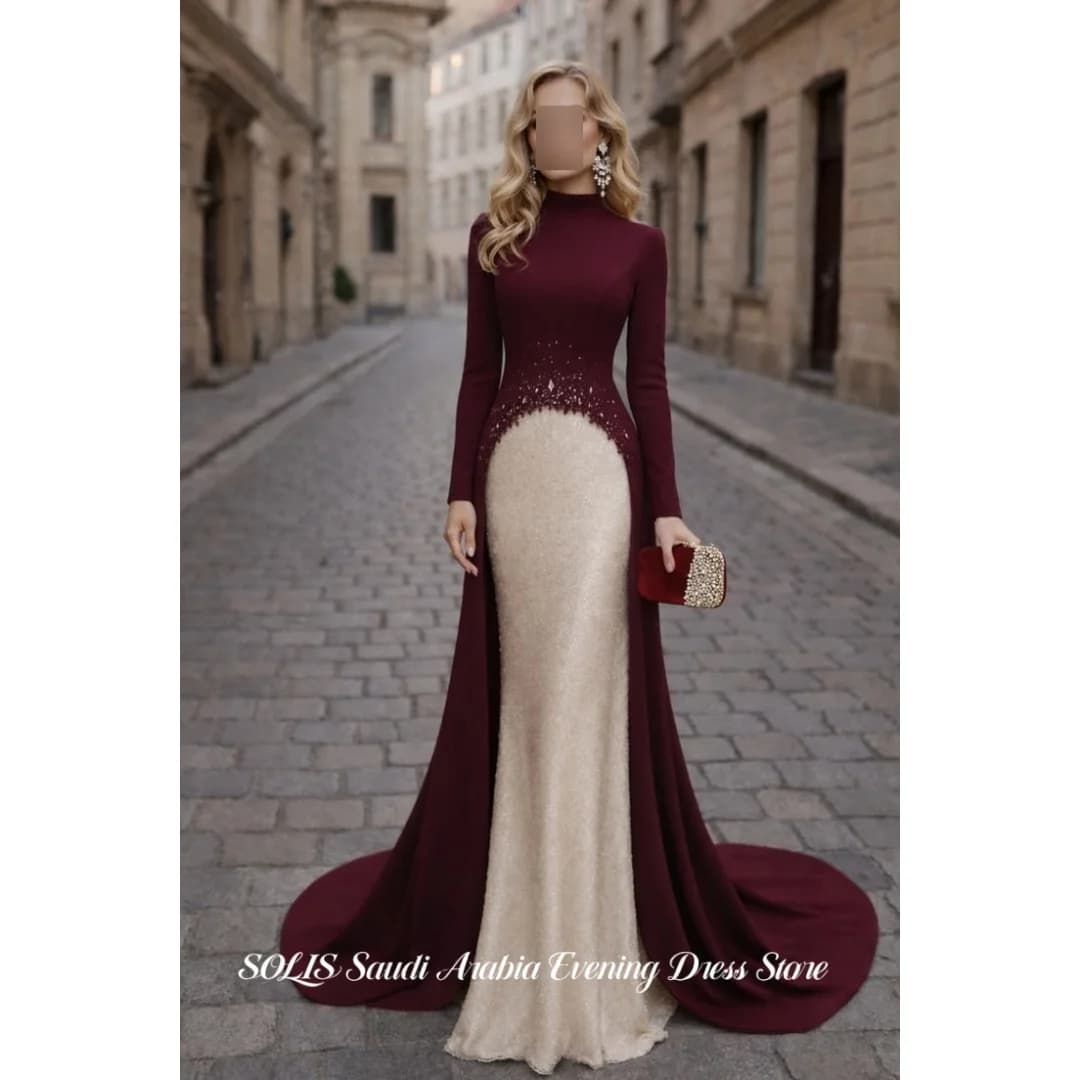 SOLIS Elegant Burgundy Prom Dress High Neck Long Sleeve Beaded Mermaid Formal Evening Gown فساتين مناسبة رسمية Colors Customized
