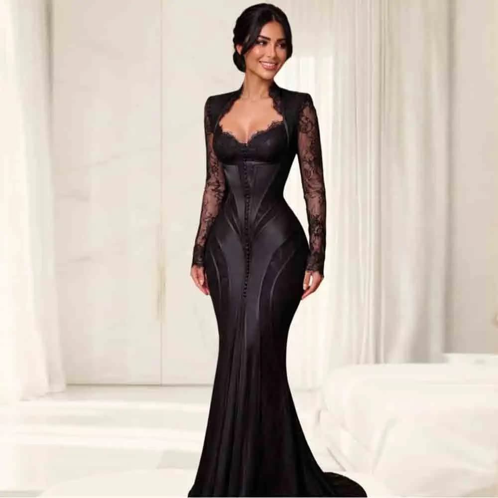 Customized Corset Lace Mermaid Evening Dress 2026 Sweetheart Mesh Sleeve Formal Party Gown Bodycon Satin Boutique Prom Dresses