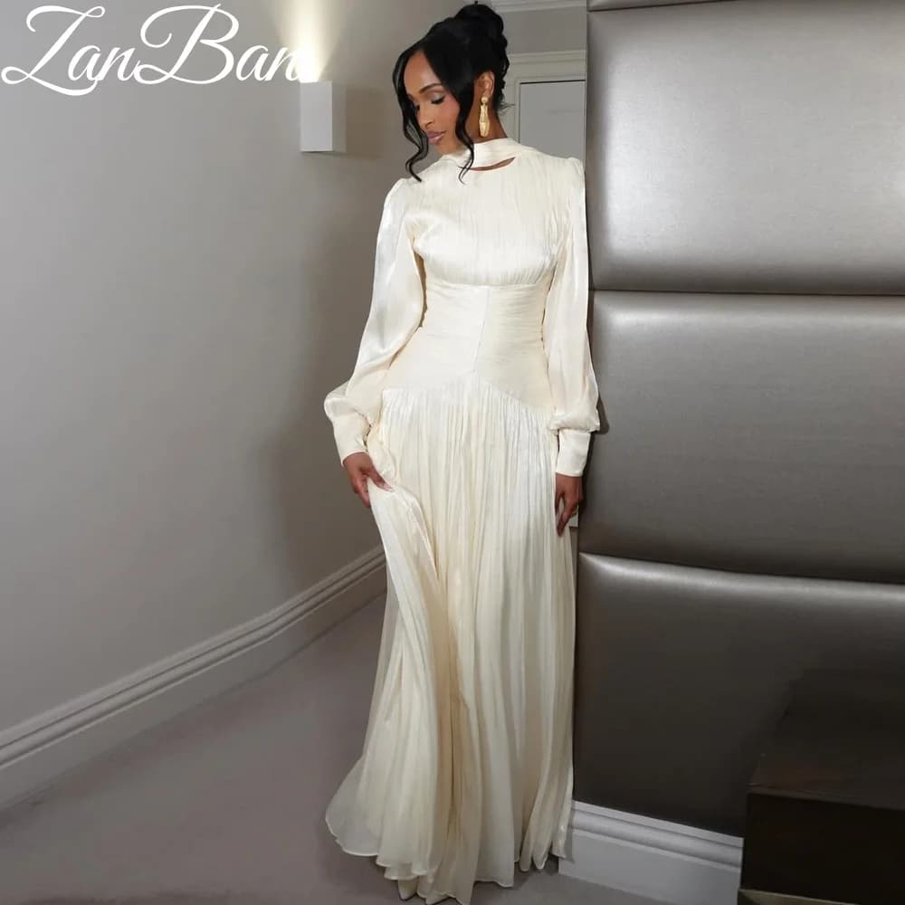 ZanBan 2026 Arabic Evening Dress O-Neck Pleats Crepe Customized Floor Length Muslim Corset Long Sleeves Prom Wedding Party Gown