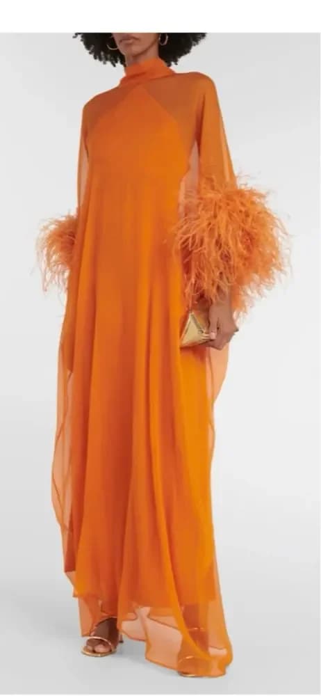 OLOEY Orange Chiffon Evening Dresses African Women High Neck Long Sleeves Feathers Straight Formal Party Customsed Vestidos