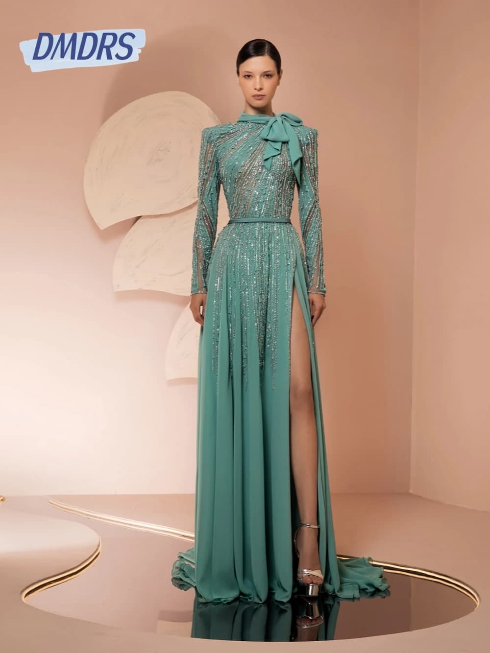 Muslim High Neck Evening Dress Sexy Side Slit Sequined Prom Embroidery Customized Classy Mother Of Cocktail Party A line Arabic