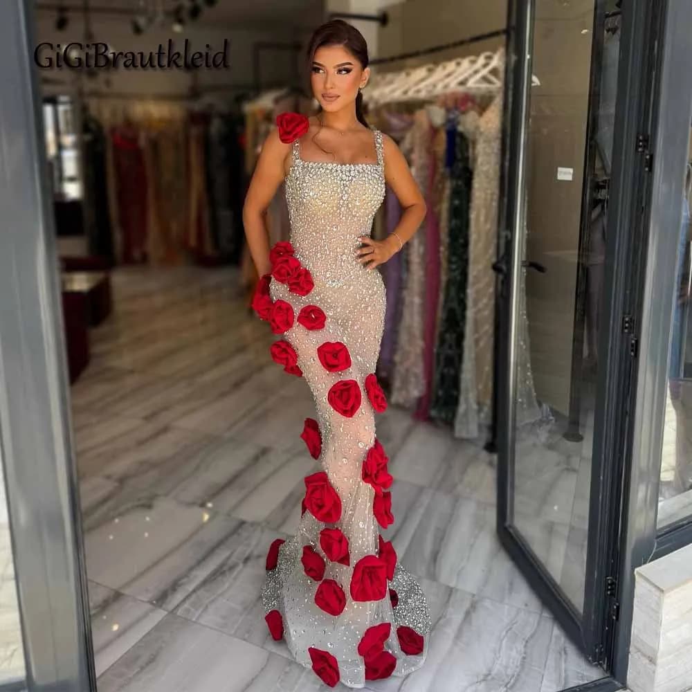 GiGiBraut Graceful Evening Dress with 3D Flower Rhinestones Spaghetti Straps Trumpet Square Collar Vestidos De Fiesta Customized