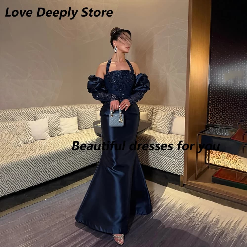Navy Halter Neck Evening Dress with Sleeves Customized Long Mermaid Pleated  Beaded Satin Formal Party Dress Backless Prom Gown
