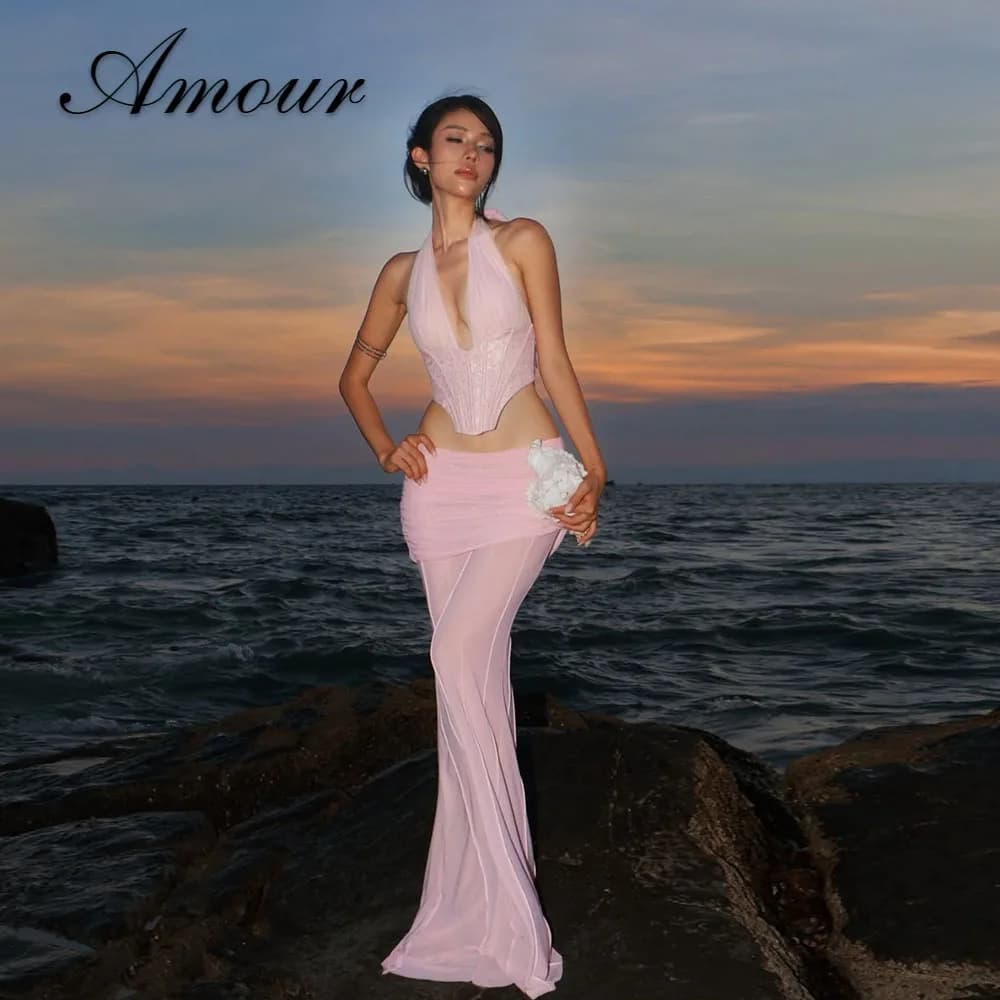 Amour Customized Luxury Seaside Dresses Mermaid Evening Dresses Sexy Floor-length Two-piece set Halter Party Prom Gowns 2026