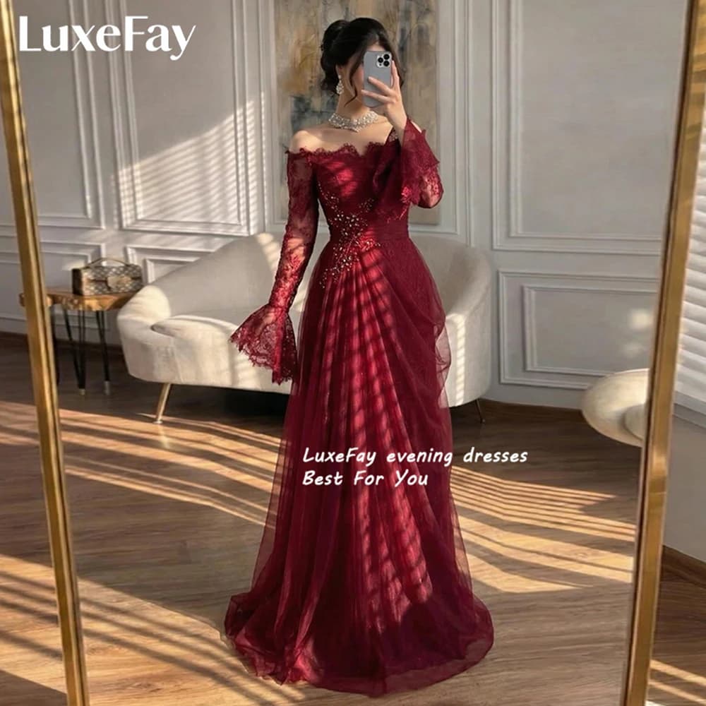 LuxeFay Customized Elegant Evening Dresse off the Shoulder Beaded Tulle Prom Gown A-Line Wedding Party Dress Vestido De Festa