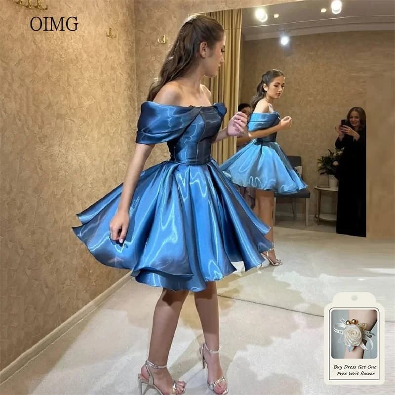 OIMG Shiny Blue A Line Prom Gowns Off The Shoulder Cocktail Party Gown Knee Length Evening Dress vestidos de gala Customized