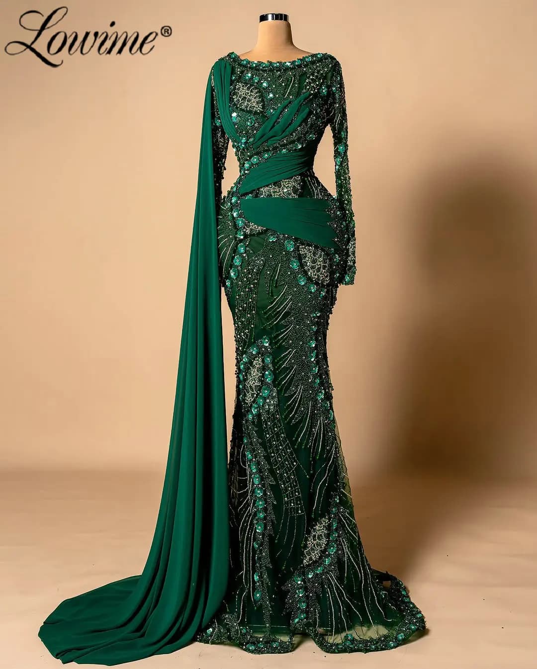Elegant Emerald Green Long Sleeves Mermaid Evening Dresses with One Shoulder Cape Customized Formal Occasions Prom Party Gowns