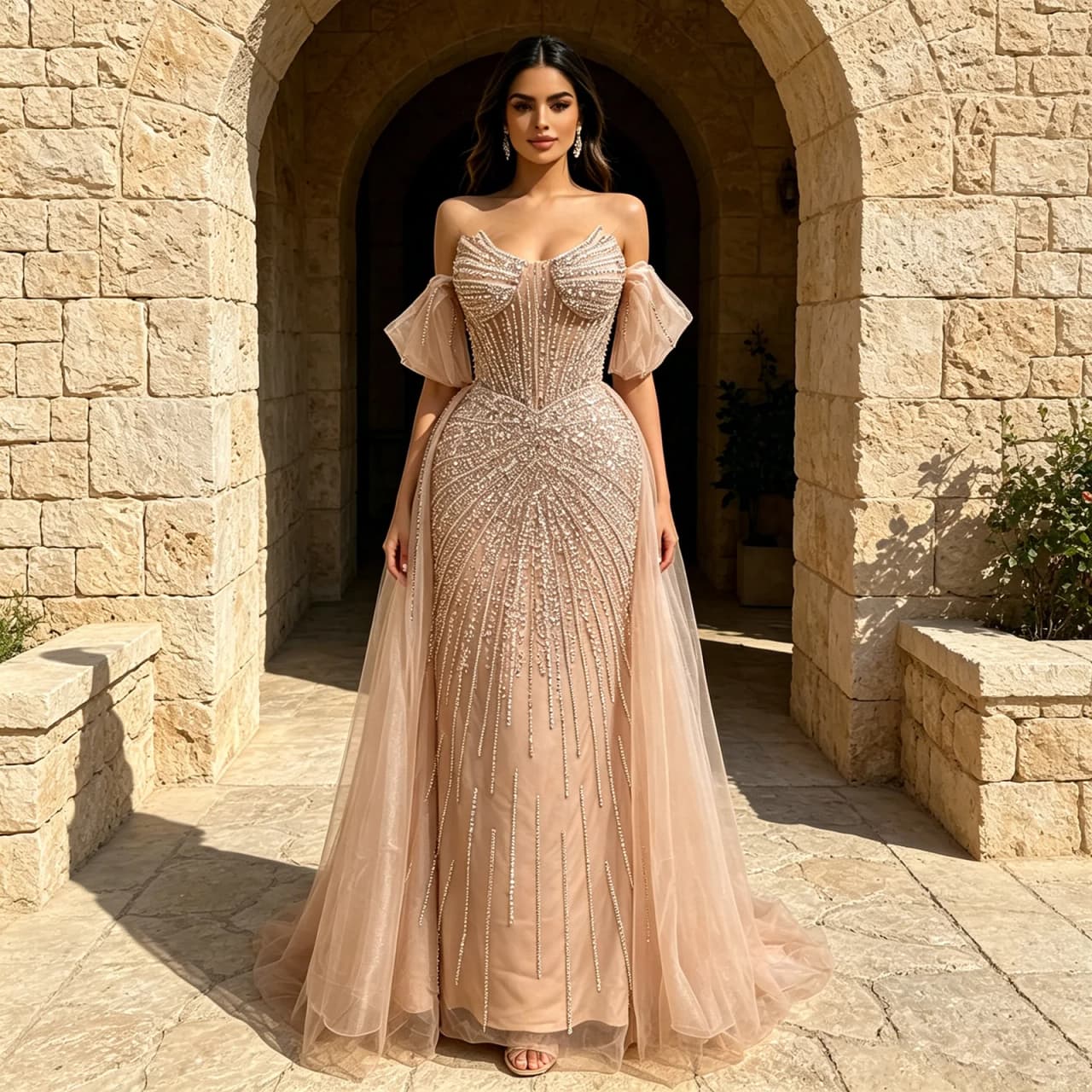 Eshaut&bridal Luxury Beaded Evening Dress with Detachable Overskirt Crystal Formal Prom Gown for Wedding Party Customized 2026