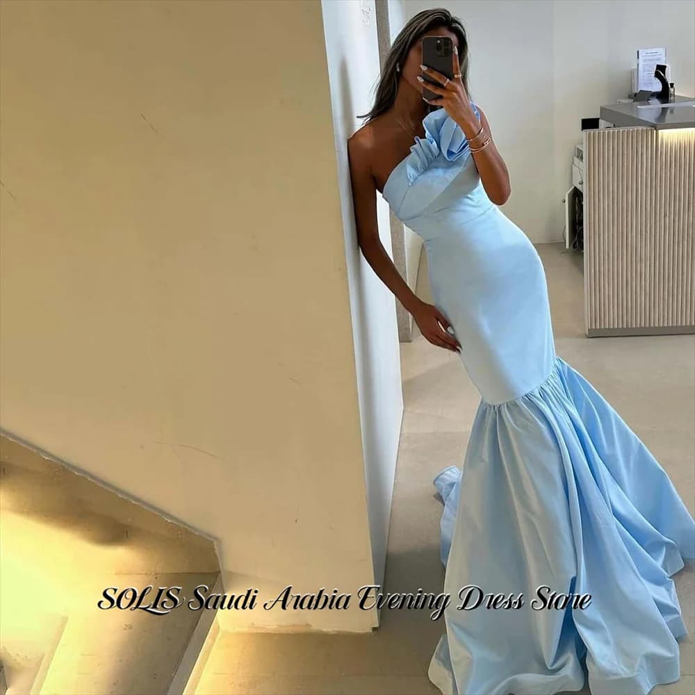 SOLIS Light Blue Evening Dresses One Shoulder Satin Prom Dresses Wrap Hips Party Formal Gown Big Flower robe de bal Customized