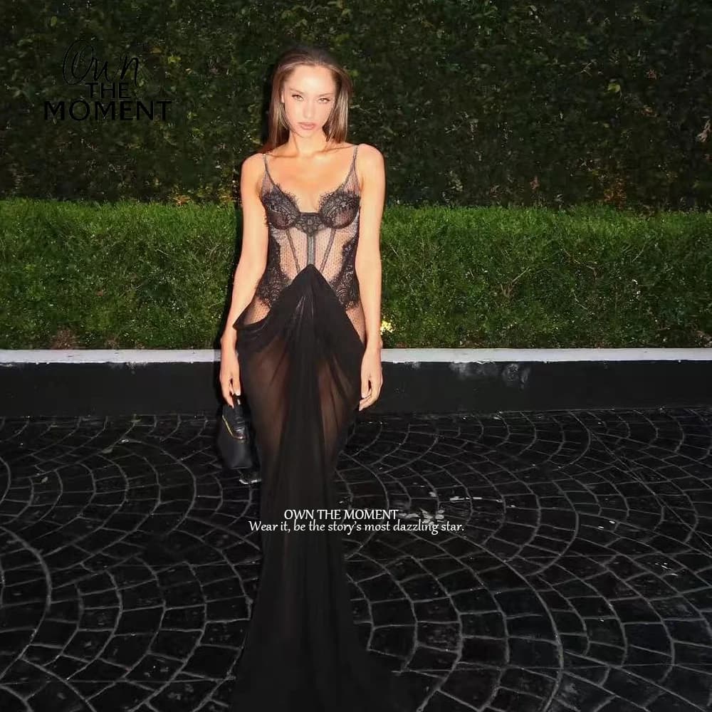 OTM Customized Luxury Evening Dress 2026 Black Lace Appliques Mermaid Transparent Vestidos De Fiesta Mujer Formal Party Gown