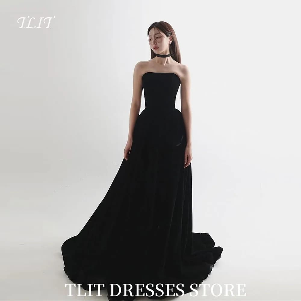 TLIT Simple Black Satin A-Line Evening Dresses Strapless Floor-Length Prom Gowns Formal Occasion Customized Vestidos De Noche