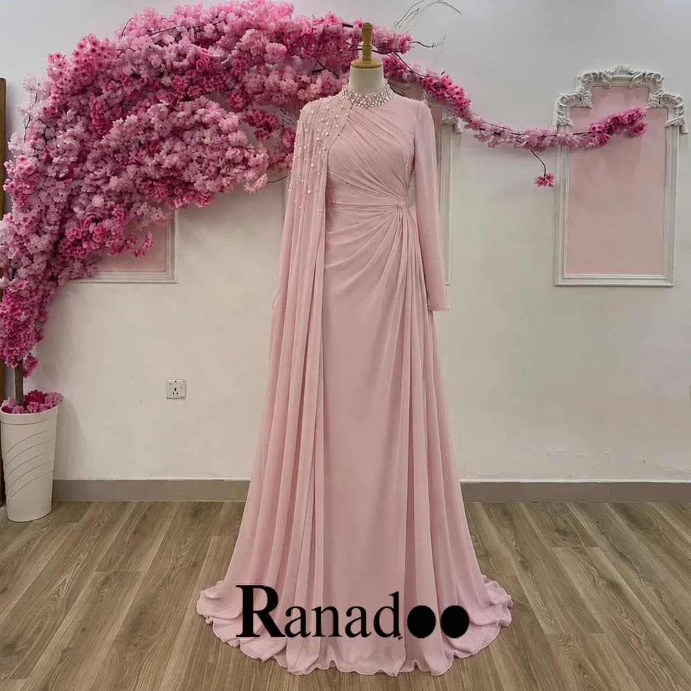 Ranadoo Classic High Collar Long Sleeves Party Dress Glitter Pleat A-line Pleat Floor-length Formal Evening Dress Customized