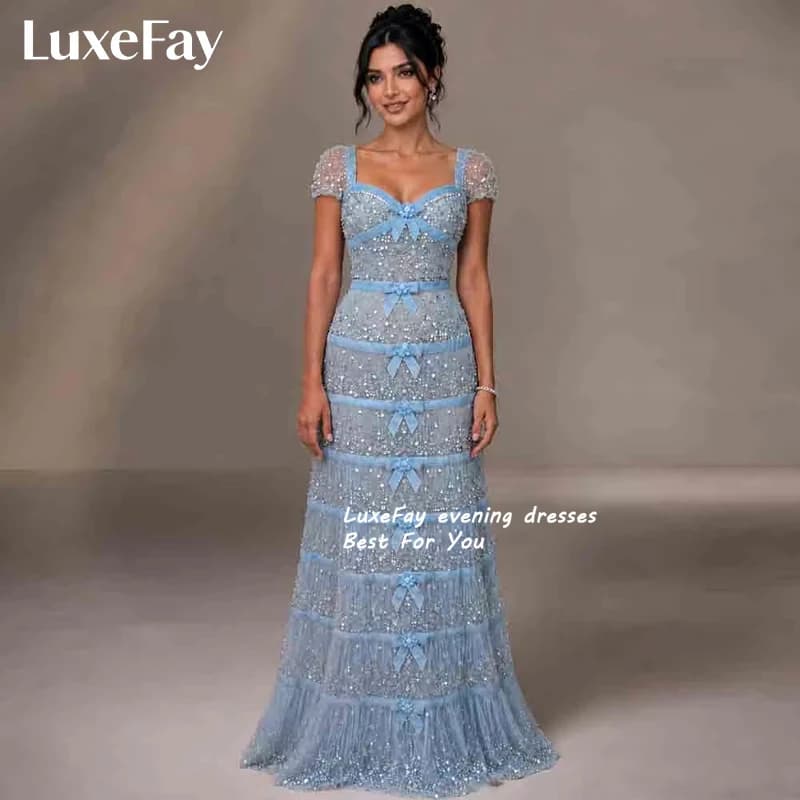 LuxeFay Customized Glitter Beaded Bow Evening Dresses 2026 Square Neck Short Sleeve Tiered Tulle Formal Prom Gown Party Dresses