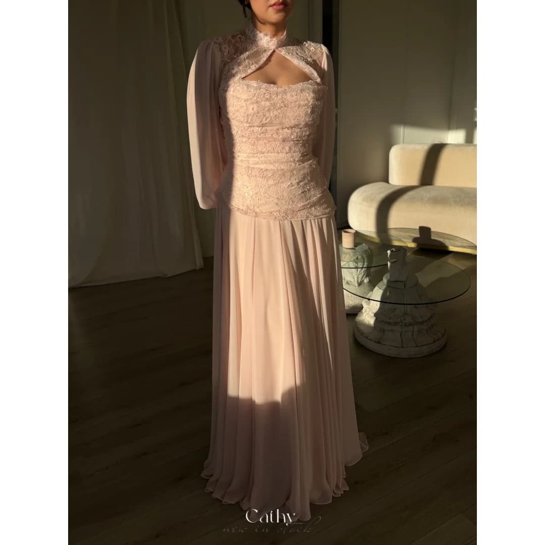 Cathy Customized Blush Pink High Neck Long Sleeve Prom Dress A-Line vestidos de noche Cut-out Beading Modest Formal Evening 2026