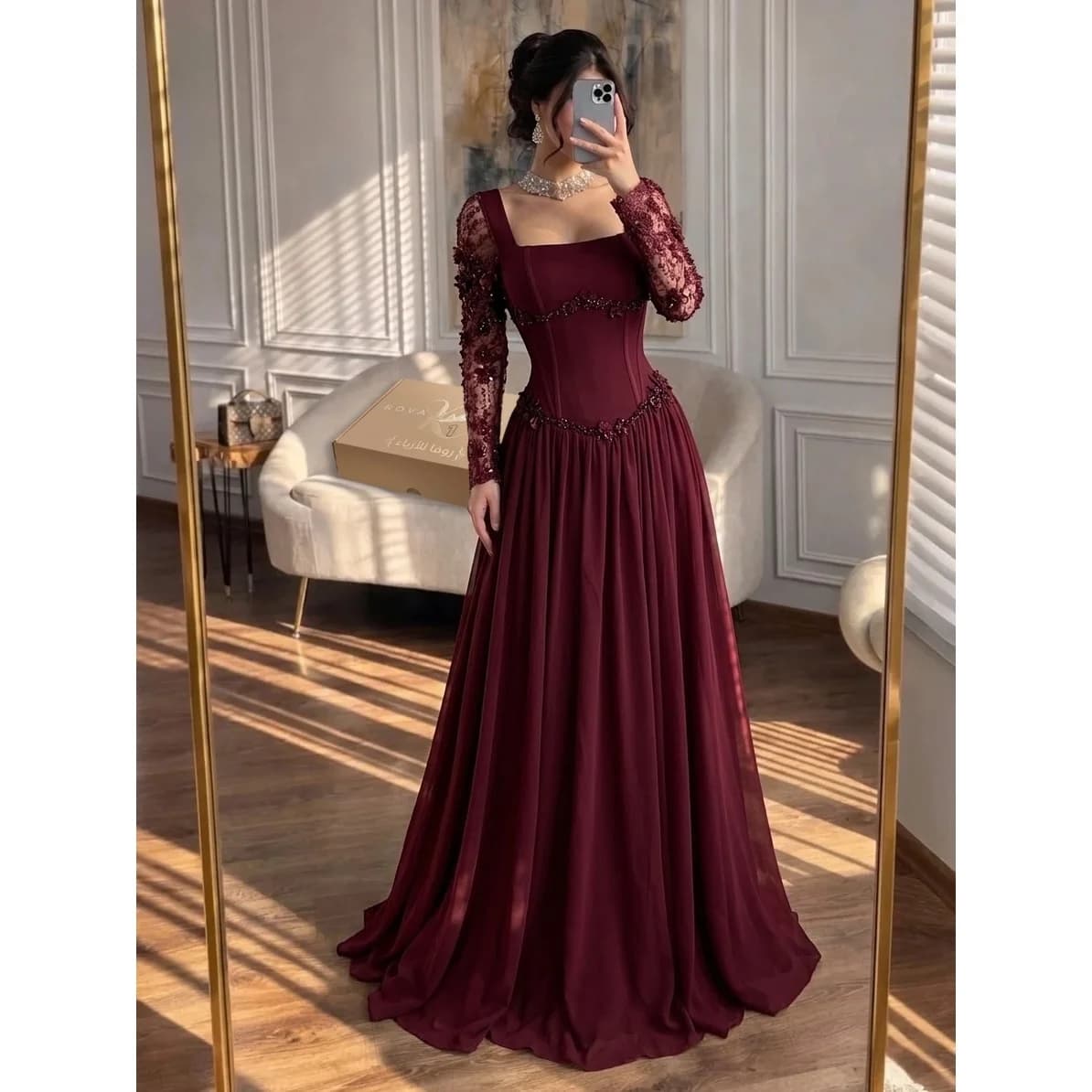 Aileen Chiffon Square Collar Burgundy A-Line Long Sleeve Modest Dubai Evening Dress Elegant Beading Customized Robes de Soirée