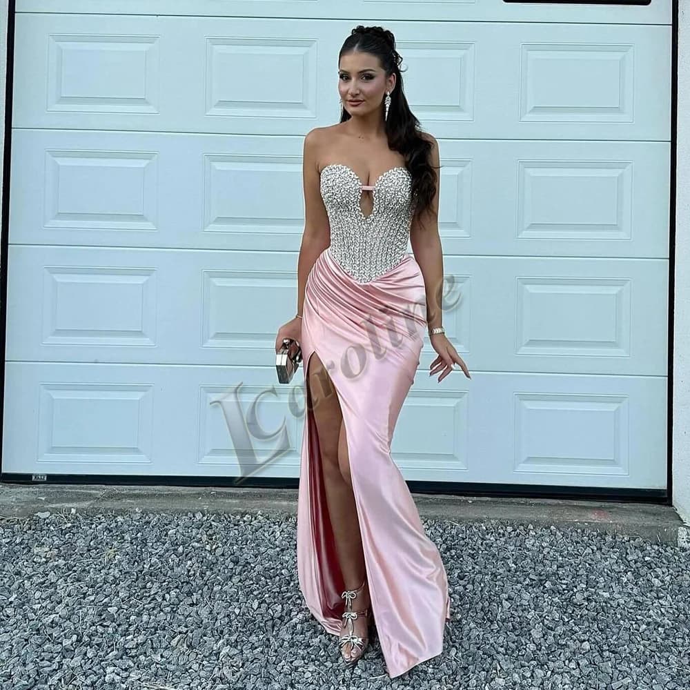 Caroline Attractive Trumpet Evening Dresses For Women Sweetheart Rhinestones Front Slit Lacing Up Customized Vestidos De Gala
