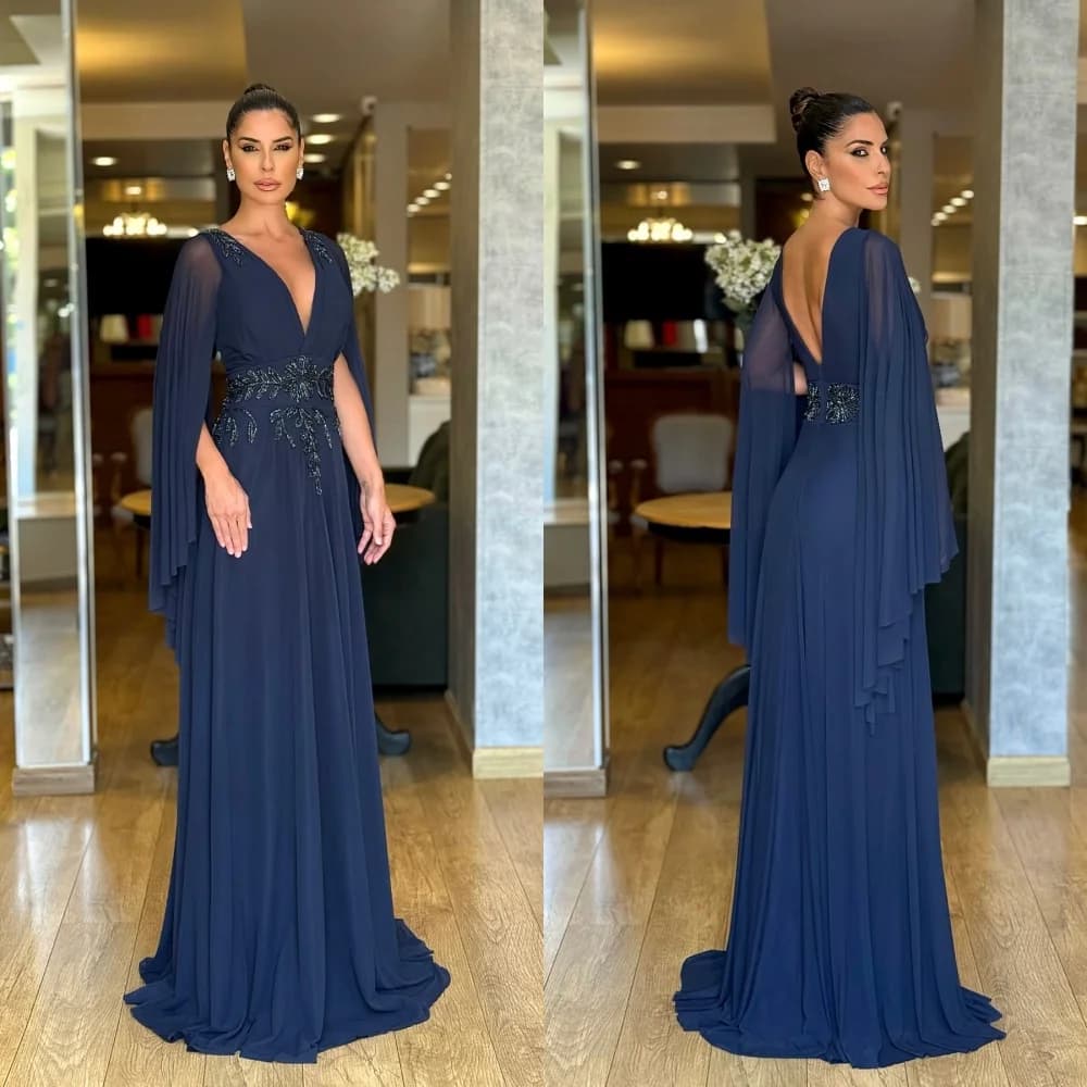 Customized  Exquisite Appliques Evening Dress Graceful V-Neck Cap Sleeve Celebrity Gowns  See Through  Sleeves Party Dr