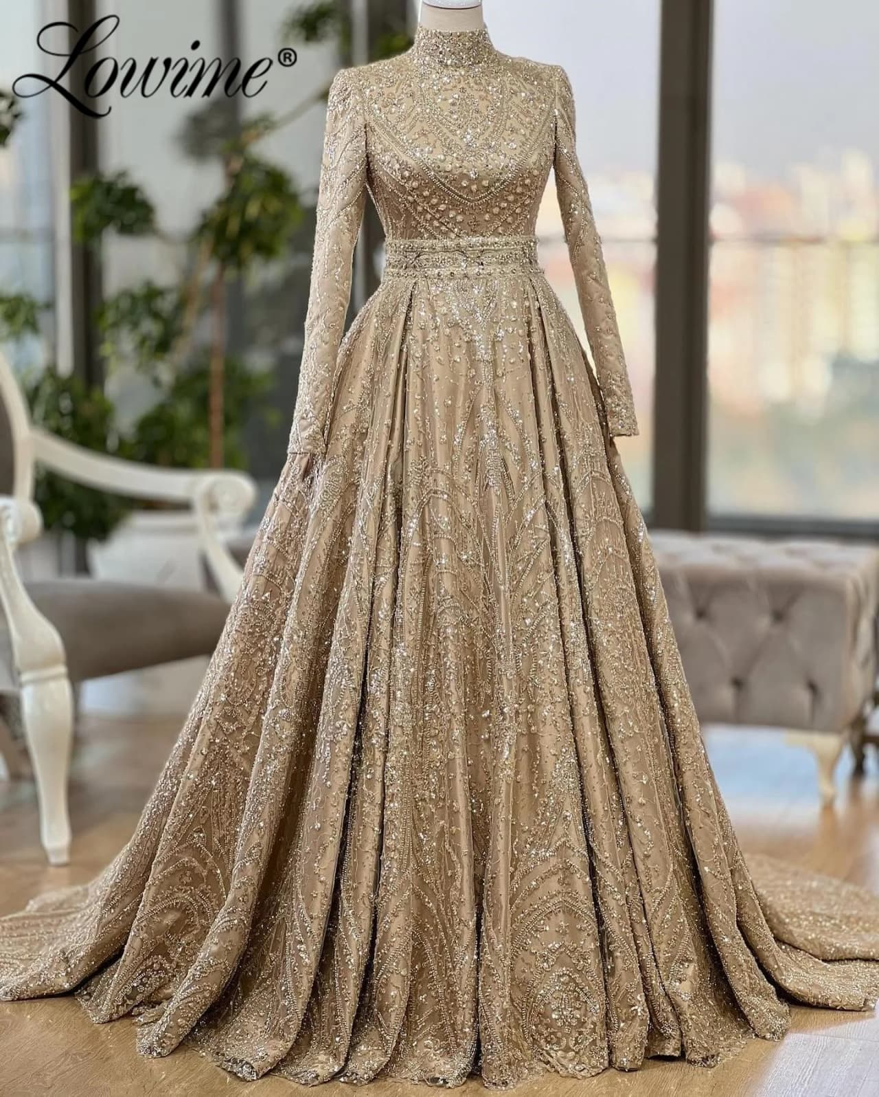 2025 Customized Muslim Gold Champagne Evening Dresses Long Sleeves Bespoke Occasion Dress For Women Pageant Prom Party Gowns
