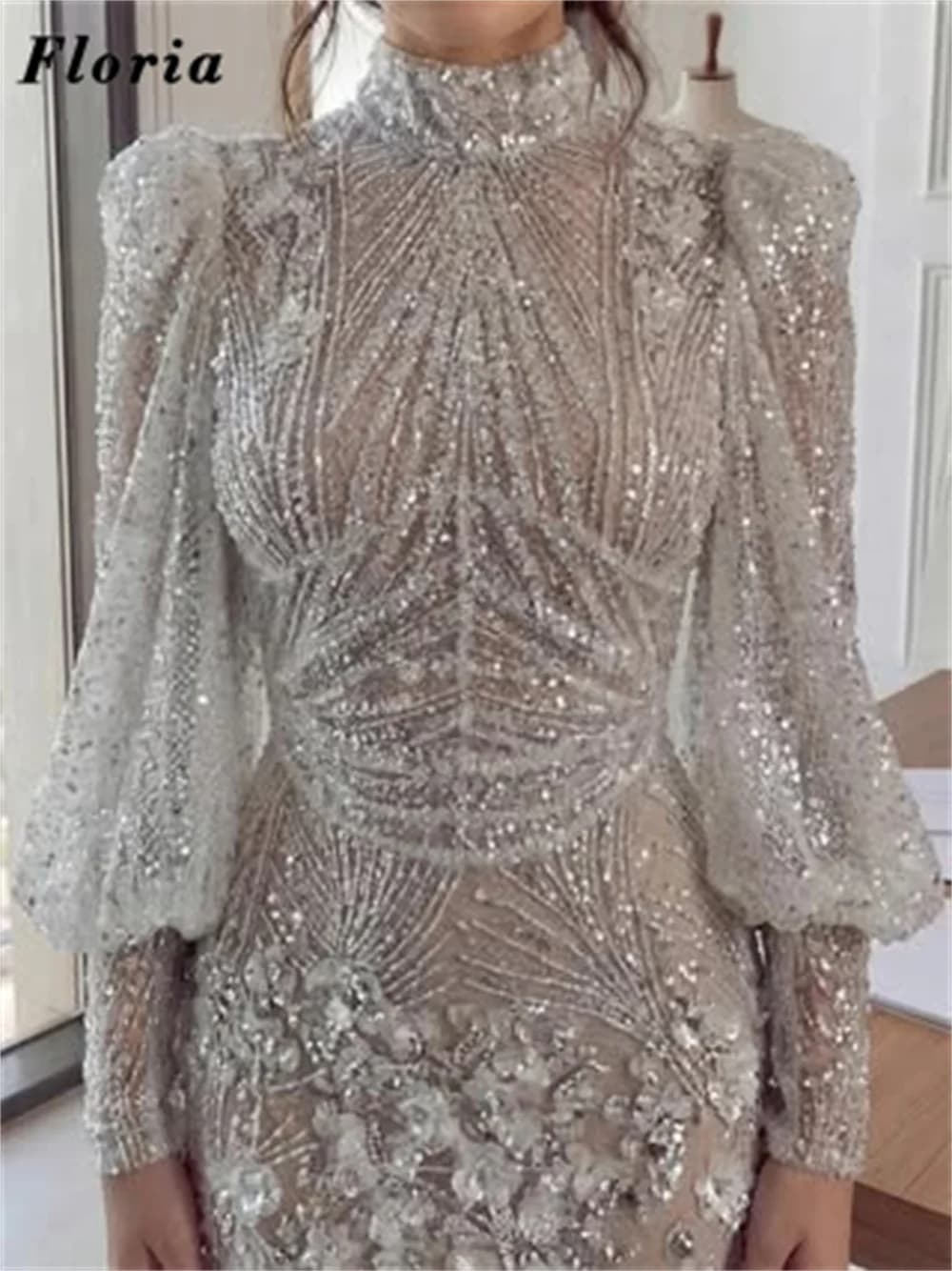 2026 Customized Silver Mermaid Evening Dresses Long Sleeves Luxury Beading Rhinestone Prom Dress Robes Long Wedding Party Gowns