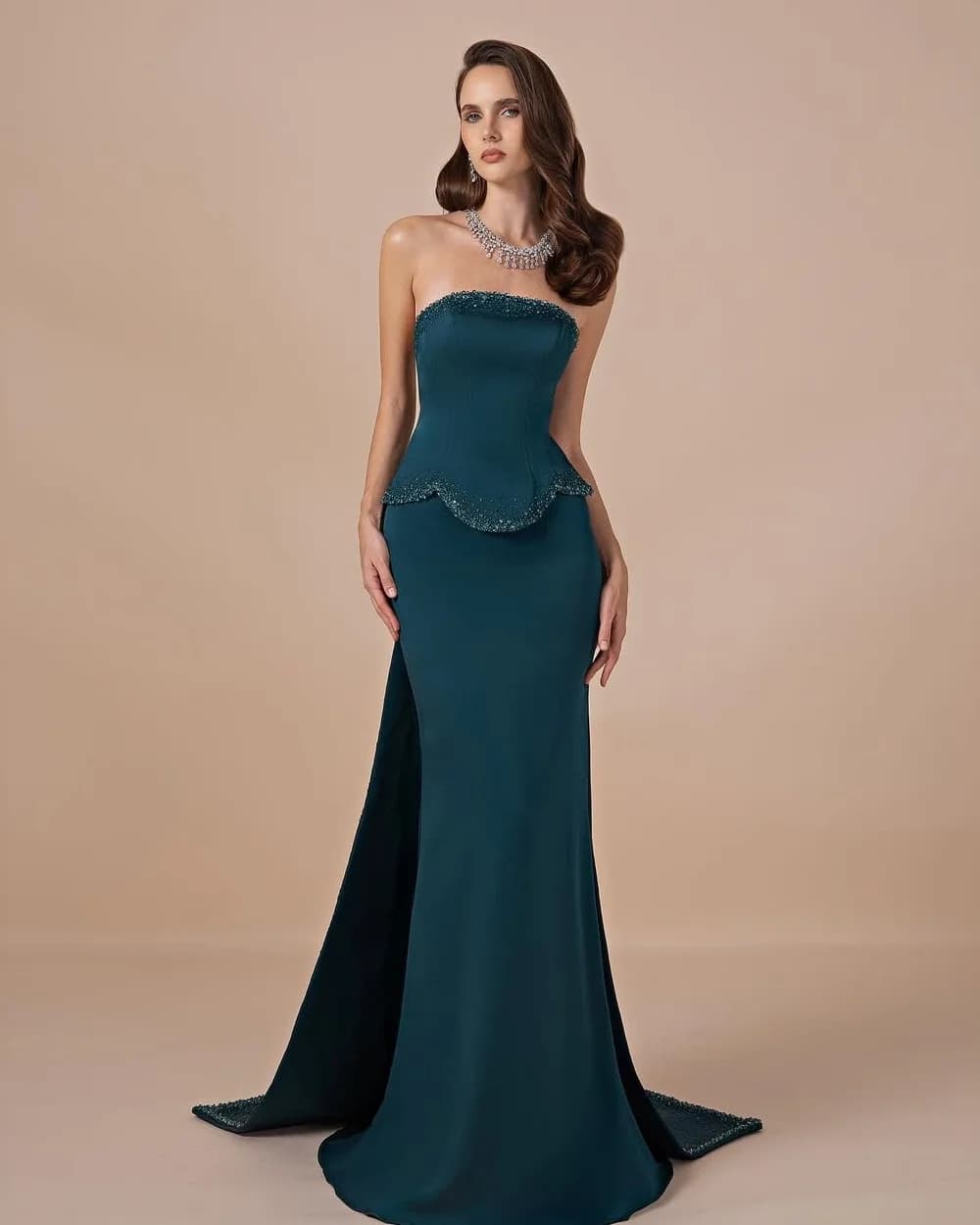 Customized Luxury Intricate Jersey Beading Sequined Mermaid Strapless Long Dresses Evening Dresses Sizes Available High Quality