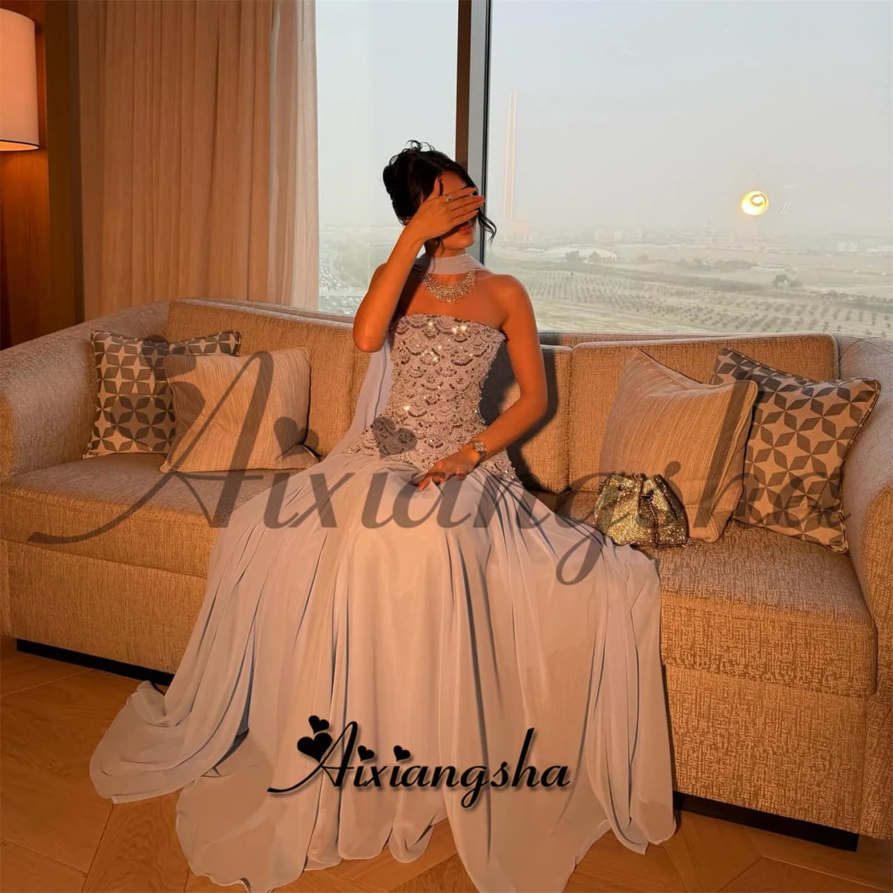 Aixiangsha Attractive Evening Dress for Woman with Strapless A-line Appliques Sleeveless Pleat Formal Party Gown Customized