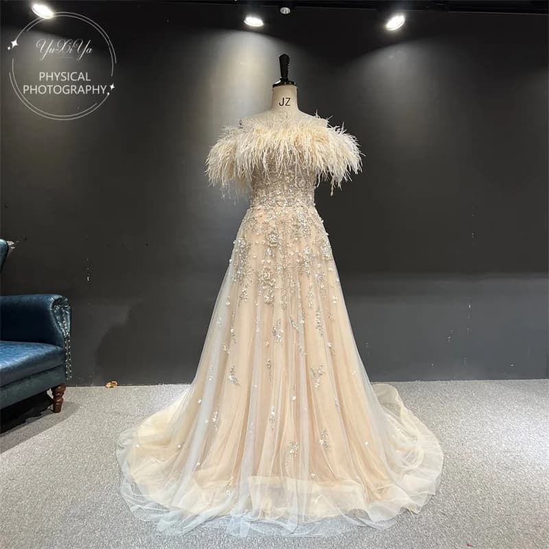 Z0315 customized 100%Real Picture Champagne Off The Shoulder Feathers فساتين السهرة  Formal Prom Evening Dress vestidos de gala