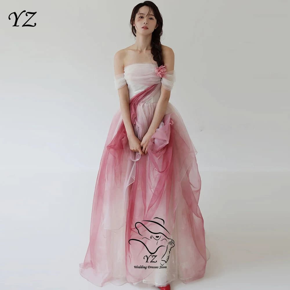 YZ Korean Evening Dresses Customized Strapless Pink Dotted Soft Tulle Wedding Dresses A Line Pleated Wedding Ball Gown 컬러 웨딩드레스