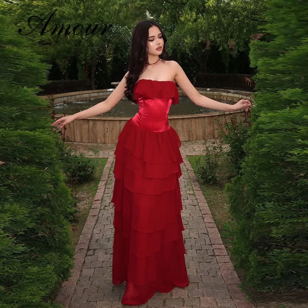 Amour Simple Evening Dress A Line Backless Strapless Prom Dresses Floor Length Elegant Tiered Pleat Party Gown Customized 2026