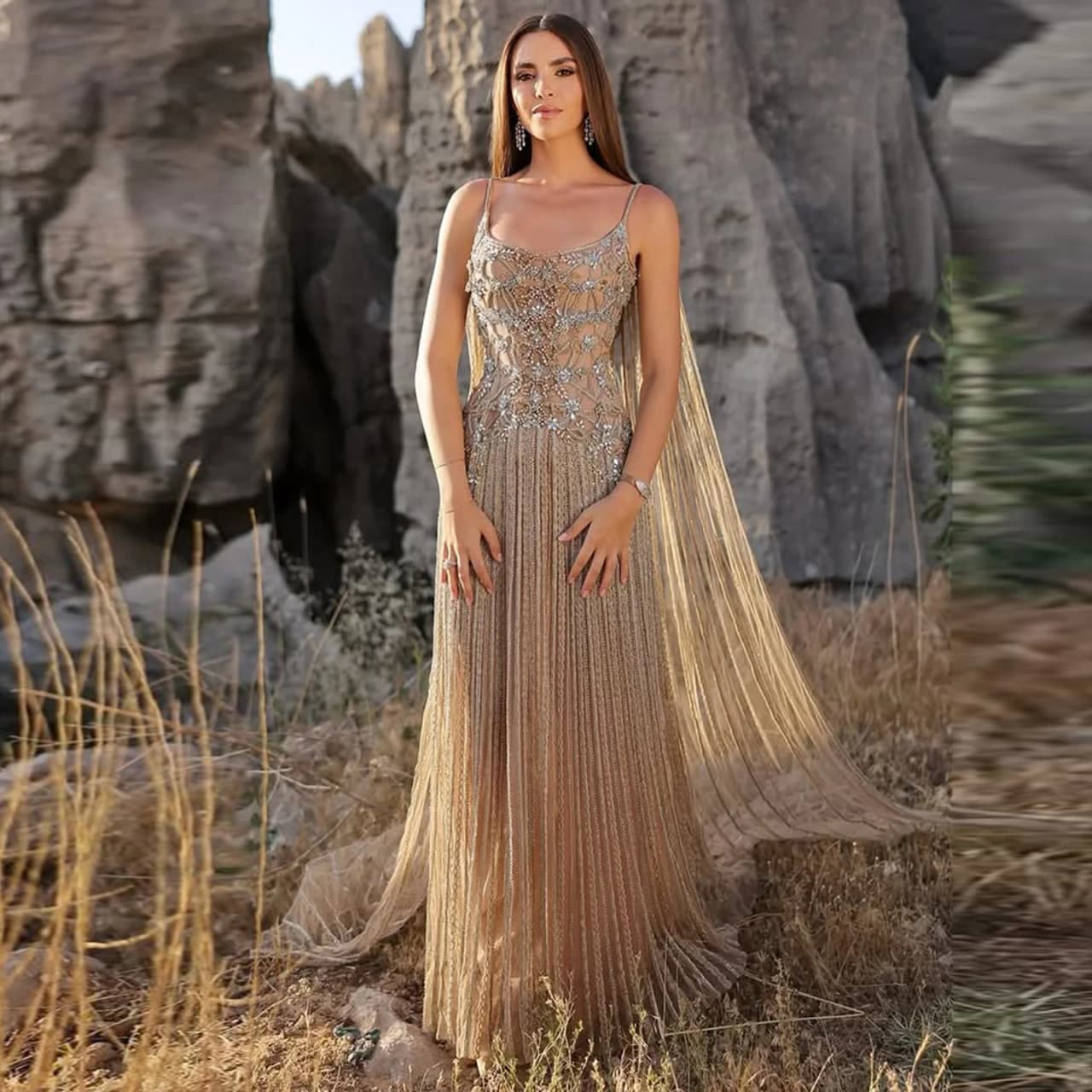 Sharon Said Elegant Formal Evening Dresses with Cape Luxury Crystal Beaded Wedding Guest Party Gowns for Women SS538 Customized