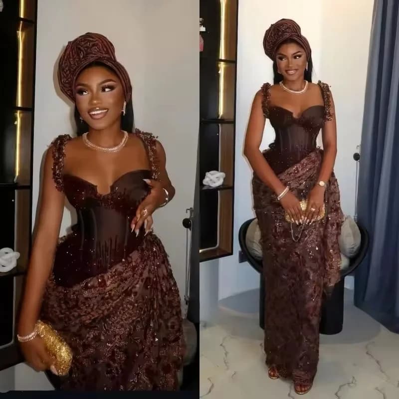 2026 Aso Ebi Brown Evening Dresses Luxury Lace Beading African Mermaid Party Dress Owambe Style Prom Gowns Customized
