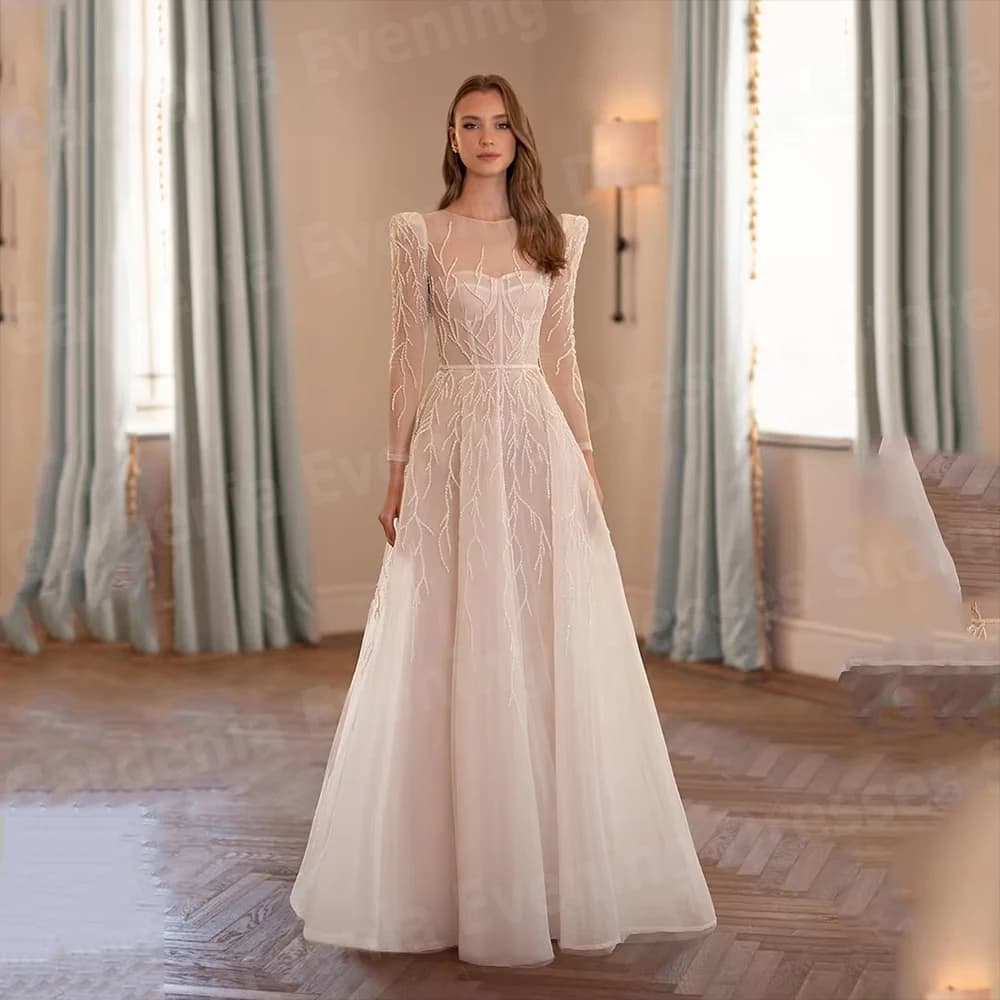 Graceful A Line Women's Evening Dresses O Neck Long Sleeve Party Prom Gowns Vestidos Para Mujer Customized Lace Robe De Soirée