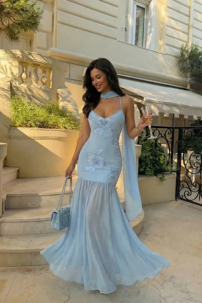 Sky Blue Floral Embroidered Evening Gown Elegant Chiffon Mermaid Dress Slim Formal Dress for Women Wedding Party Dinner Ball