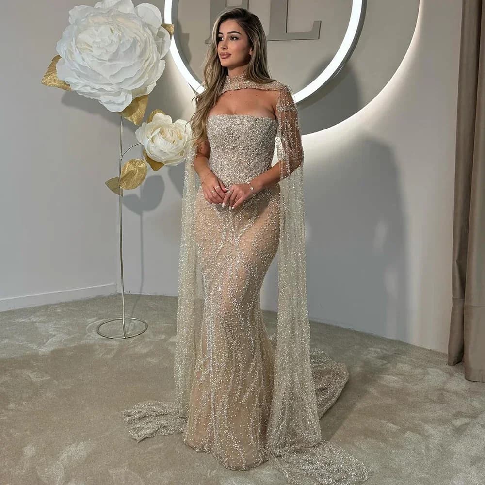 Nude Strapless Mermaid Evening Dress SERENE HILL Gown with Detachable Cape Lace-Up Back for Formal Occasion GLA72824 Customized