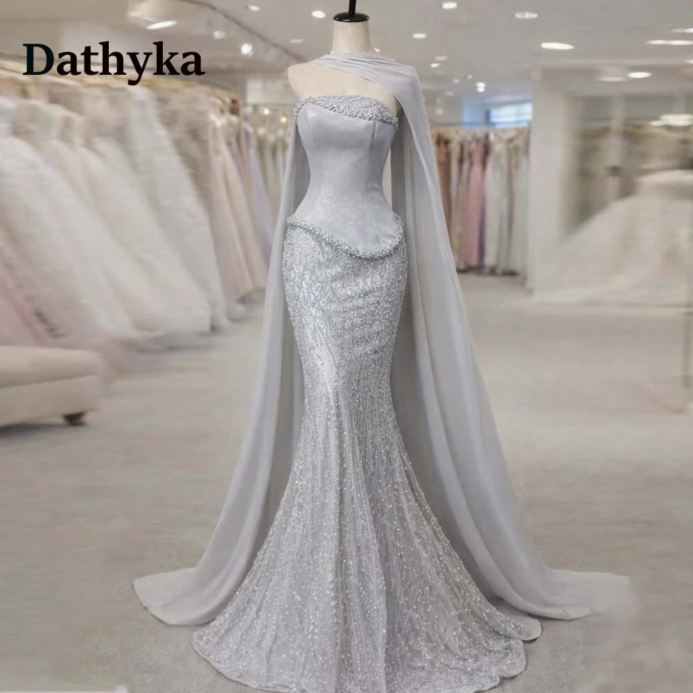 Dathyka Fairytale Strapless Evening Dresses for Women Lace Appliques with Cape Vestido de formatura Party Plus Customized
