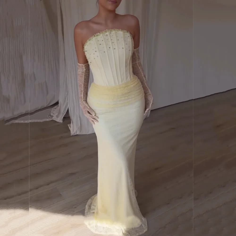 Customized Charming Formal Evening Gowns Beading Glitter Trumpet Long Dresses Strapless Lace Wedding Party Dress Elegant