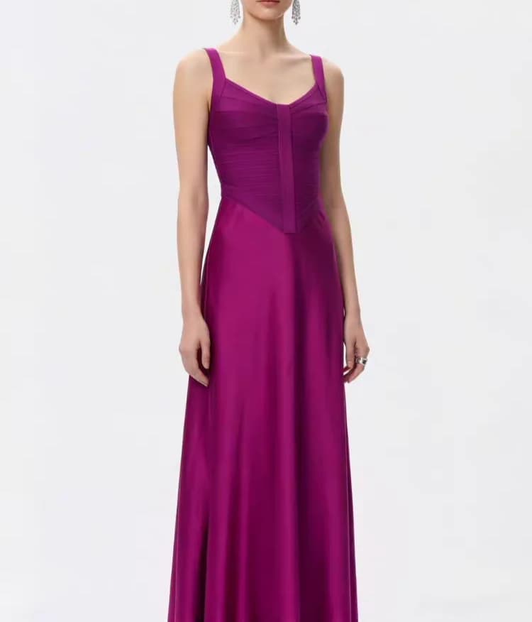 customized Magenta Satin Evening Gown with Pleated Sweetheart Bodice and A-Line Skirt