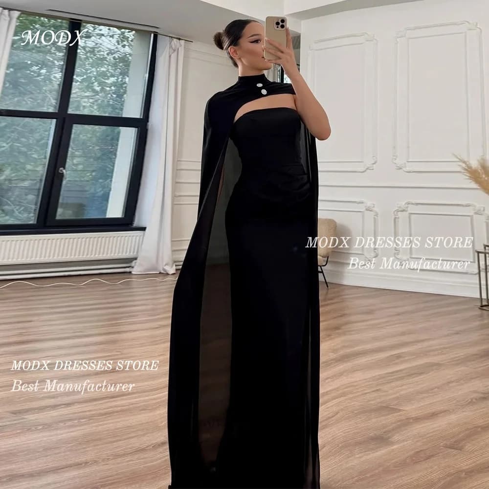 MODX Chic Black Evening Gown High Neck Cape Sleeve Strapless Draped Bodice Mermaid Floor Length Formal Dress Vestidos Robe