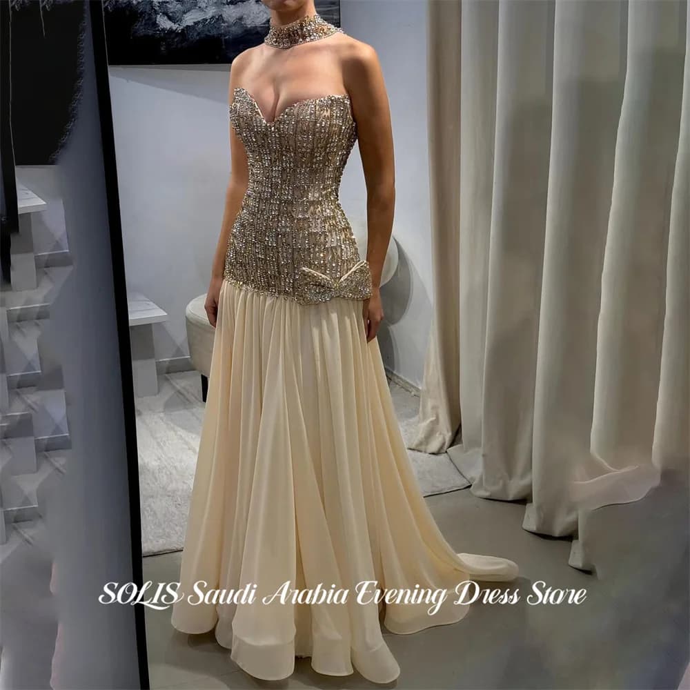 SOLIS Champagne Party Dress Strapless Evening Dress with Bow Prom Gown Sequin فساتين مناسبة رسمية Customized