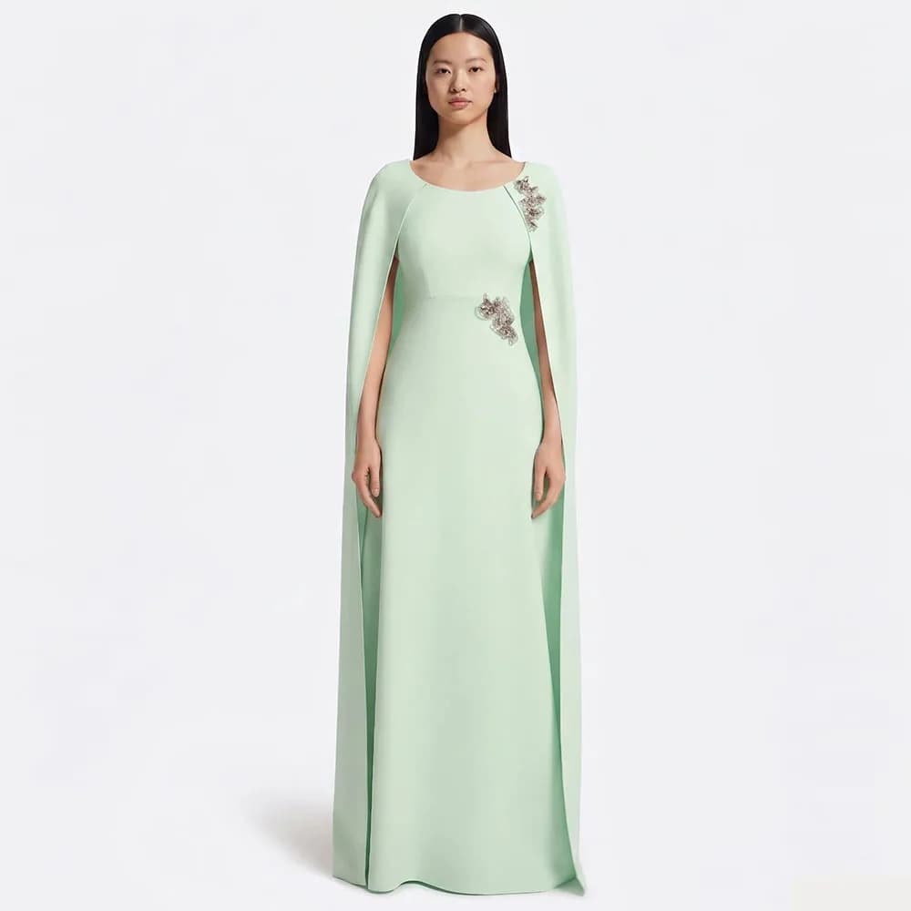 2026 Classy Women's Evening Ball Gowns Sheath/Column Jersey Mint Party Dress O-Neck Applique Cloak Prom Dress Long
