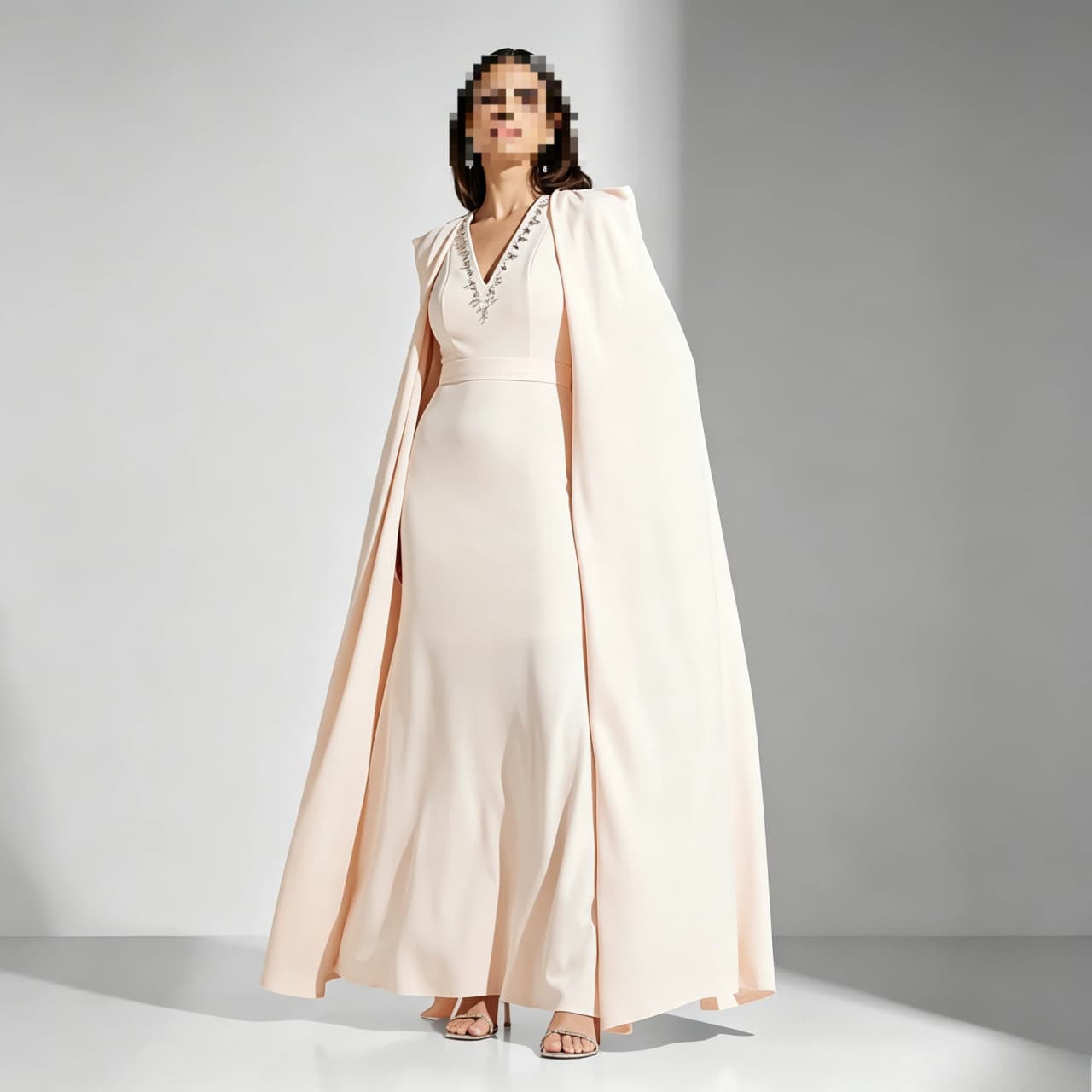 Customized Elegant Formal Evening Gown Featuring V-Neckline With Crystal Rhinestone Trim, Attached Floor-Length Cape Sleeves