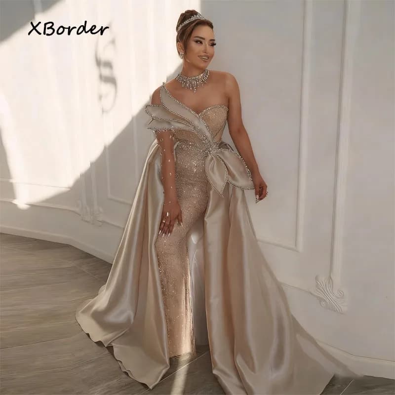 Customized Evening Dresses High Neck Sparkly Sequined Rhinestone Mermaid for Women Detachable Train Vestidos De Fiesta Customize