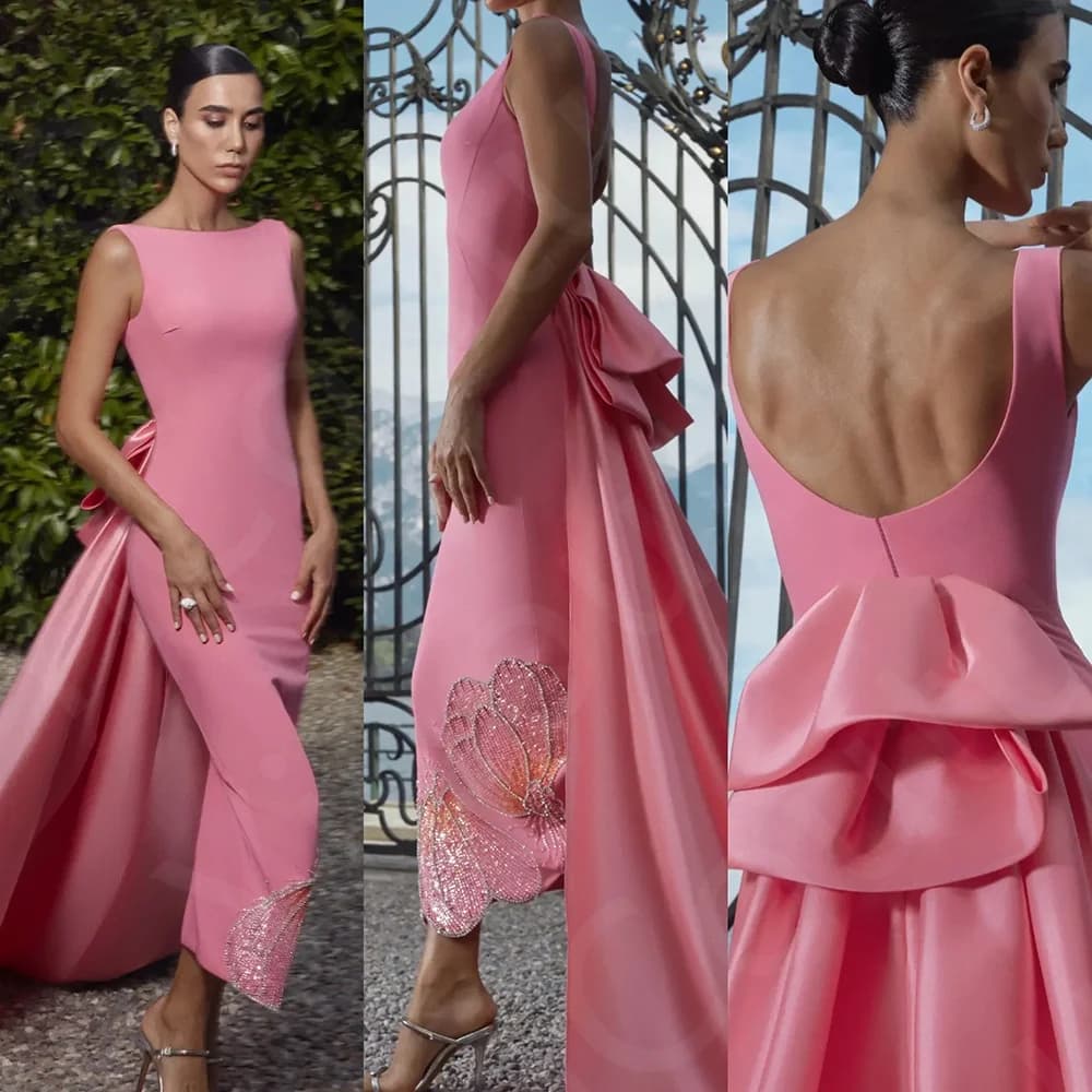 Customized Latest Pink Evening Dresses 2025 Prom Gowns High Low with Train Beading Wedding Party Dresses Back Out Sleeveless