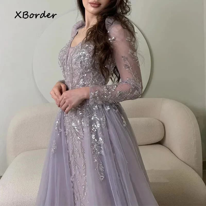 Customized  Evening Dress V Neck Sparkling Beaded Applique with Tulle Train Long Sleeves Mermaid Party Gown Formal Dresses