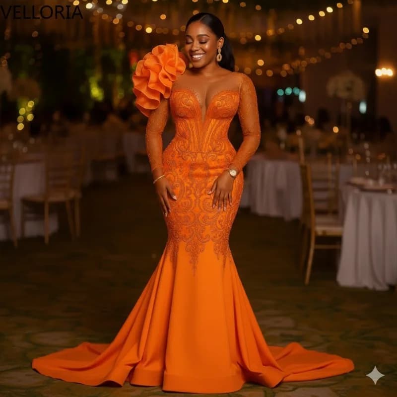 Orange Beaded Prom Dress Luxury Sweetheart Neckline Evening Gown Ruffled Shoulder Elegant Floor-Length Party Dress Customized